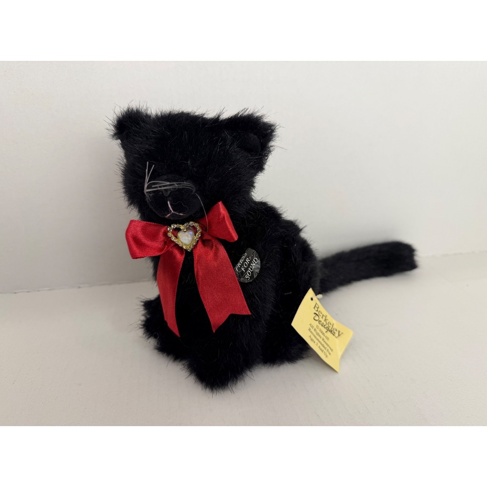 Berkeley Designs Plush Black Cat Small Red Bow Heart Brooch‎ Meows Vintage 2002